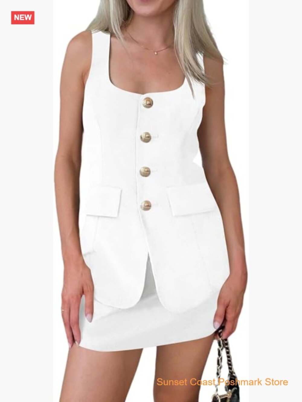 Women's Summer 2 Piece Outfits Sleeveless Scoop Neck Fitted Blazer Vest